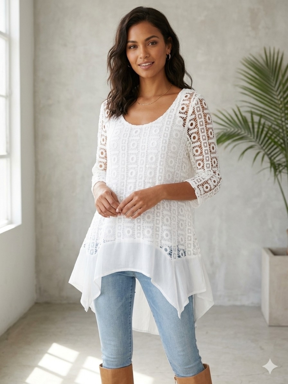 Adiva White Crochet Lace Handkerchief Hem Boho Vacation Light Tunic Sz M